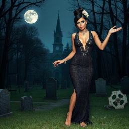 A stunning young woman with medium breasts and wide, bulging hips stands in an old haunted wooded cemetery