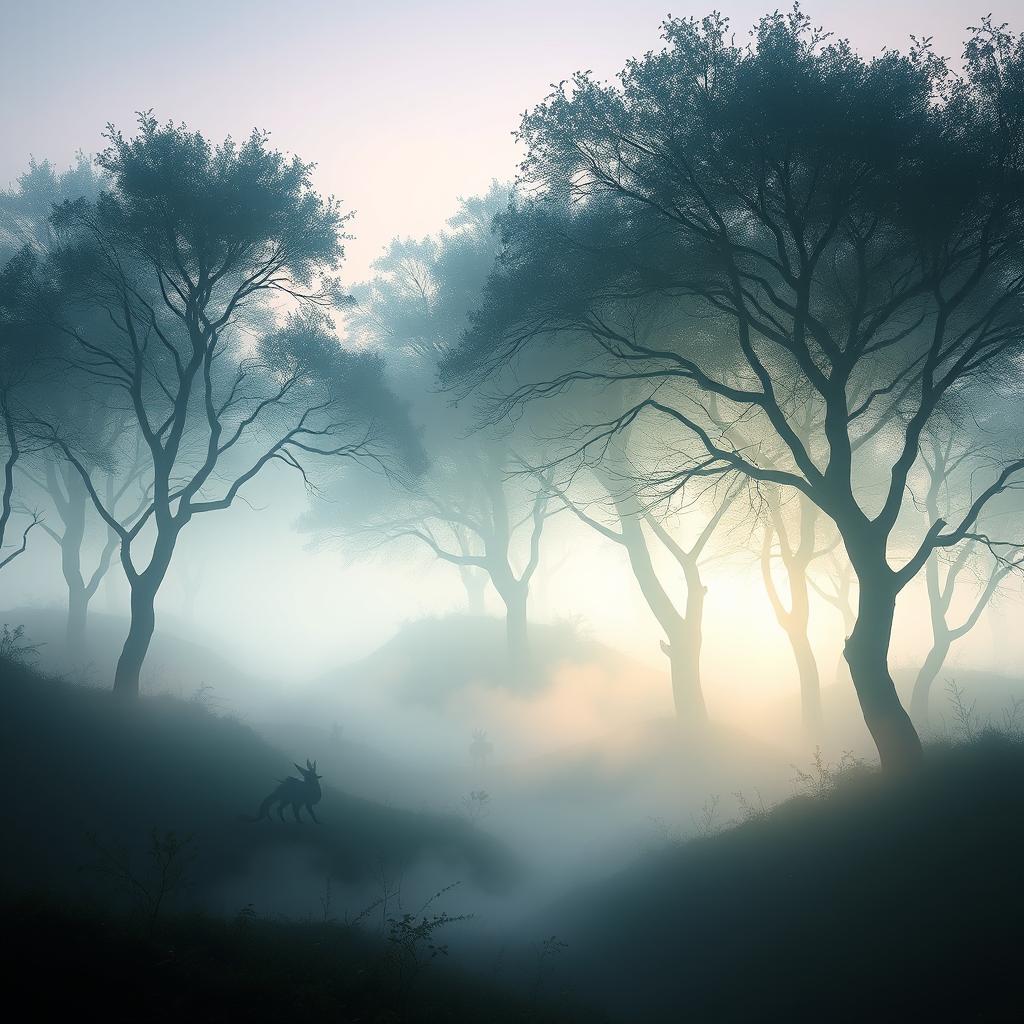 A mystical and ethereal landscape bathed in soft white shadows, featuring an otherworldly forest with trees that have luminescent leaves
