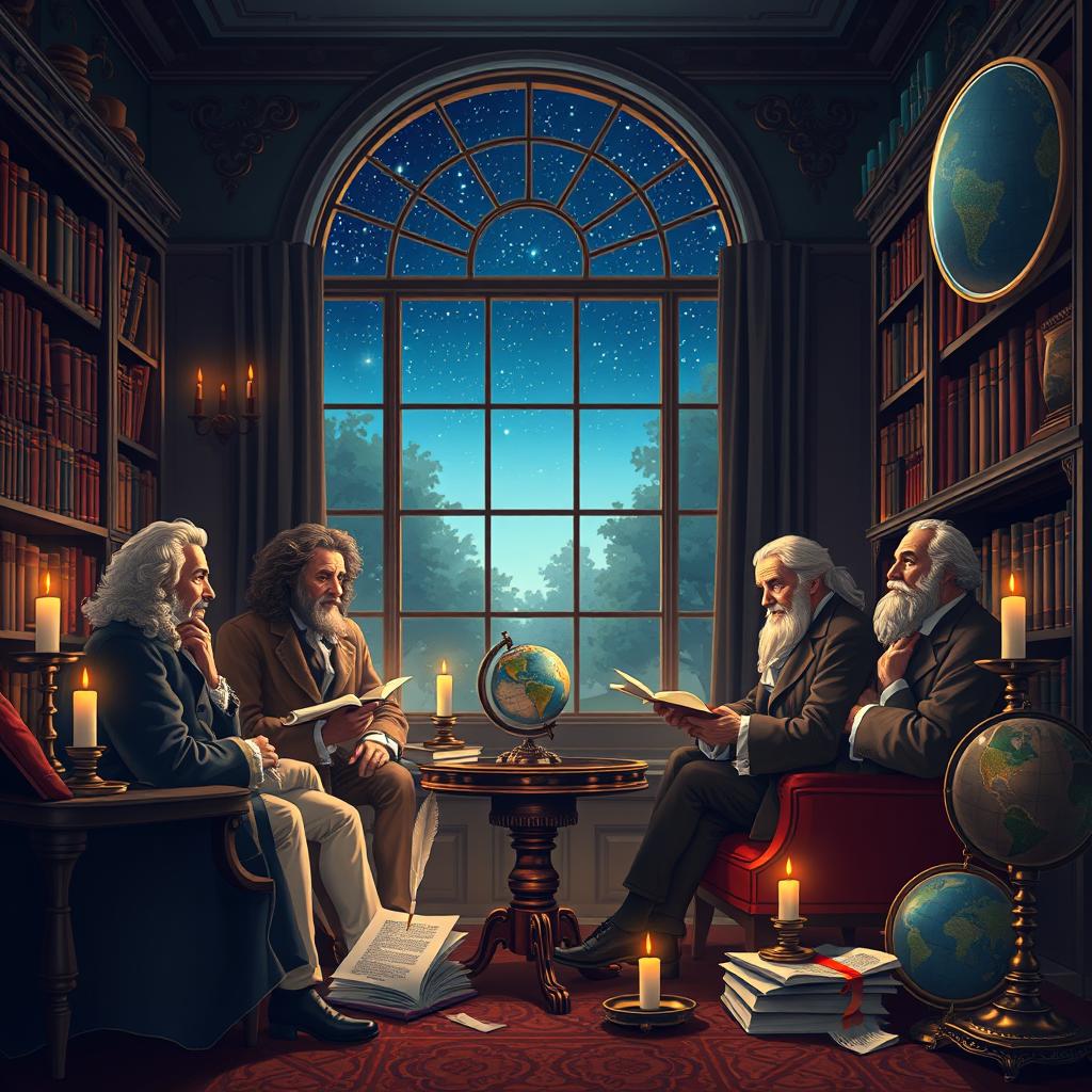 A captivating illustration representing the Enlightenment philosophy, showcasing influential thinkers like Voltaire, Rousseau, and Kant engaged in deep conversation in an elegantly furnished 18th-century salon