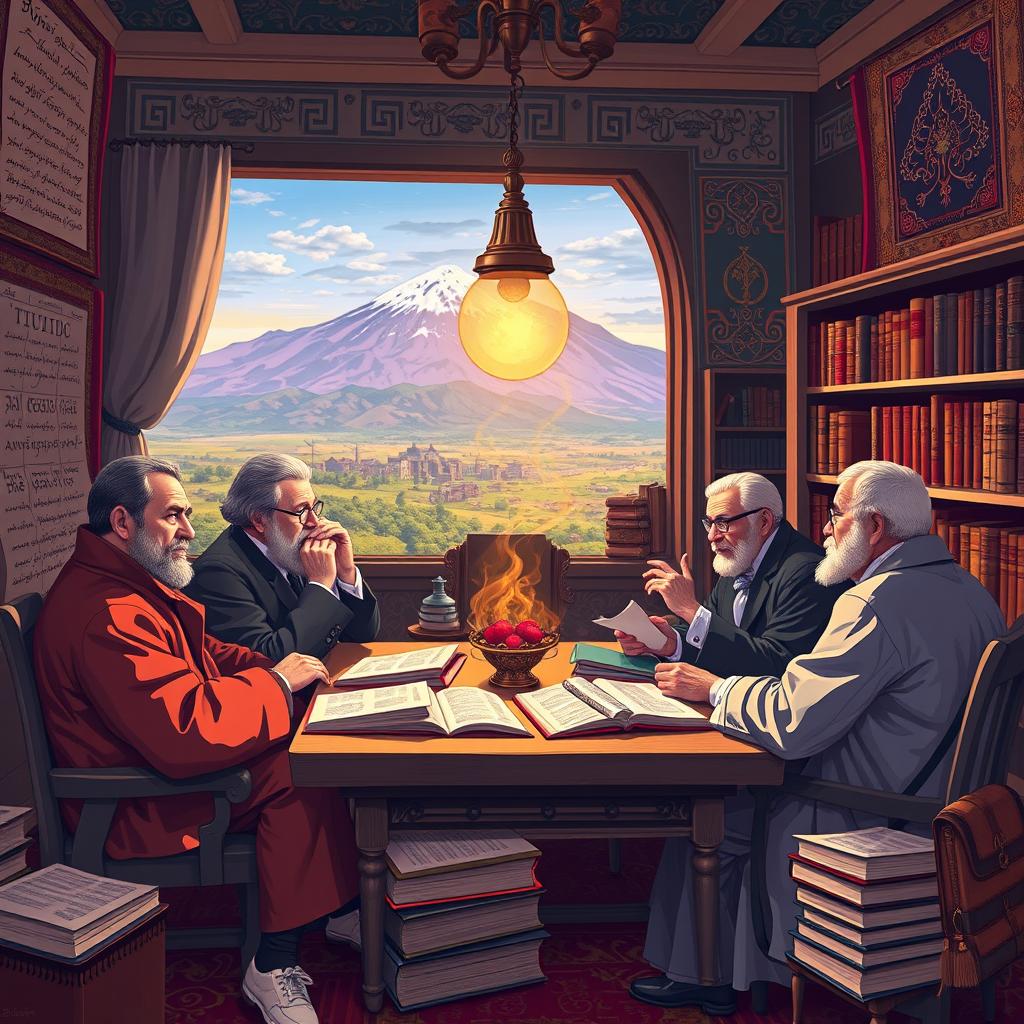 An engaging artistic depiction of the Enlightenment philosophy in Armenia, illustrating the prominent Armenian intellectuals and their contributions to philosophy, science, and literature during the Enlightenment period