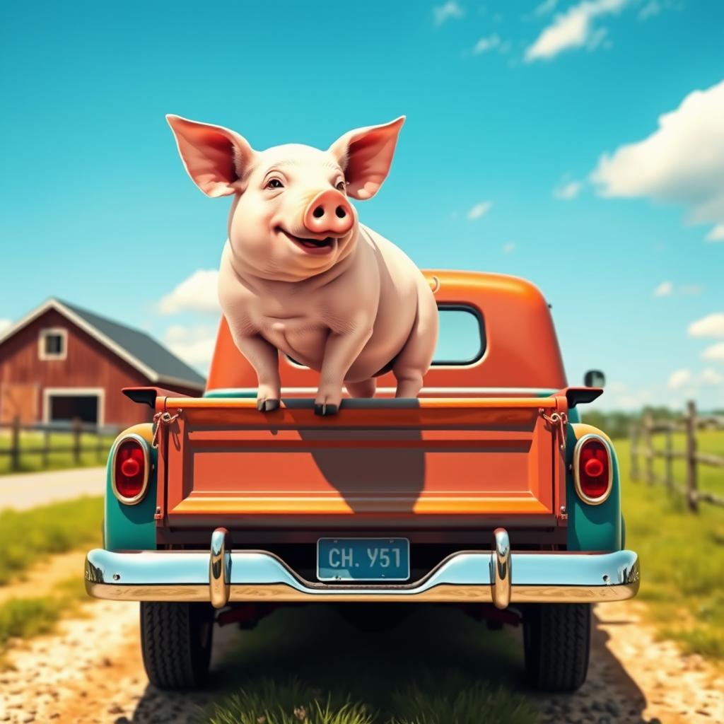 A retro image of a pig standing on the back of a vintage pickup truck, with a sunny background, the truck has a classic design with chrome details, and the pig appears cheerful and robust