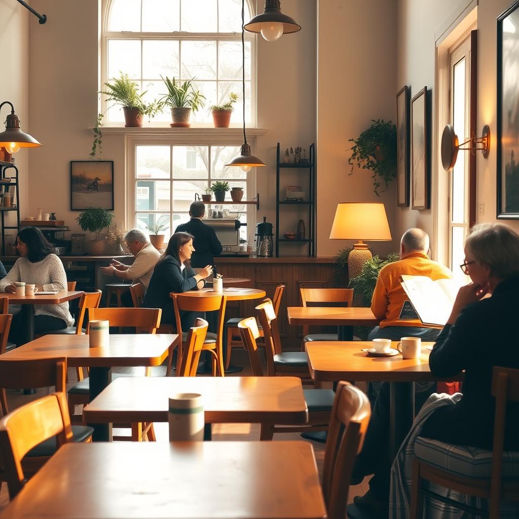 A serene and cozy cafe scene featuring a charming interior with wooden tables and chairs, soft lighting from vintage lamps, and large windows letting in warm sunlight