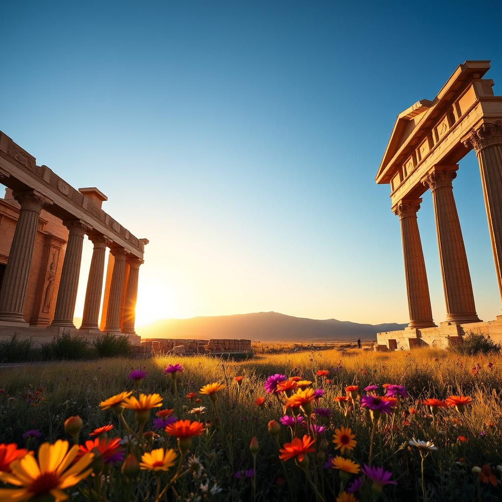 A stunning landscape of Iran featuring the ancient ruins of Persepolis at sunset, showcasing intricate Persian architecture with tall columns and beautiful relief sculptures