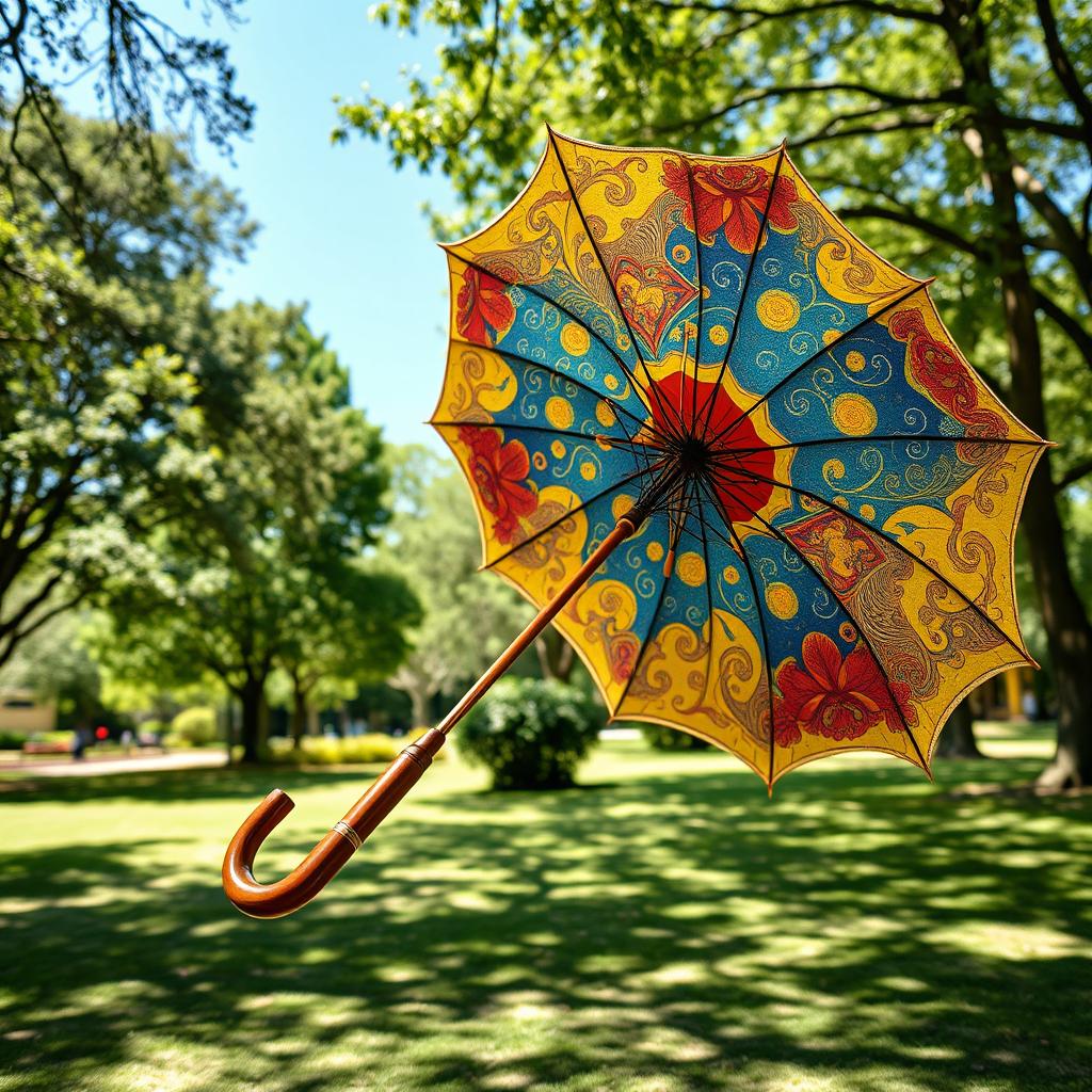 A vibrant, intricately designed umbrella, showcasing a beautiful mix of colors such as deep blues, rich reds, and shining yellows