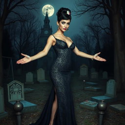 A beautiful and stunning 18-year-old girl with medium breasts and very wide, bulging hips stands in an old haunted wooded cemetery, welcoming you with her arms out to her side and a sardonic half smile on her face