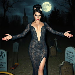 A beautiful and stunning 18-year-old girl with medium breasts and very wide, bulging hips stands in an old haunted wooded cemetery, welcoming you with her arms out to her side and a sardonic half smile on her face