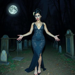 A beautiful and stunning 18-year-old girl with medium breasts and very wide, bulging hips stands in an old haunted wooded cemetery, welcoming you with her arms out to her side and a sardonic half smile on her face