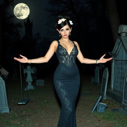 A beautiful and stunning 18-year-old girl with medium breasts and very wide, bulging hips stands in an old haunted wooded cemetery, welcoming you with her arms out to her side and a sardonic half smile on her face