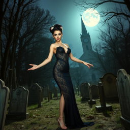 A beautiful and stunning 18-year-old girl with medium breasts and very wide, bulging hips stands in an old haunted wooded cemetery, welcoming you with her arms out to her side and a sardonic half smile on her face