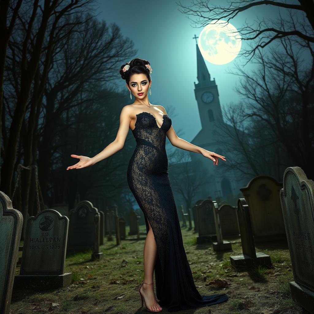 A beautiful and stunning 18-year-old girl with medium breasts and very wide, bulging hips stands in an old haunted wooded cemetery, welcoming you with her arms out to her side and a sardonic half smile on her face