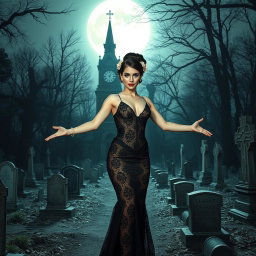A beautiful and stunning 18-year-old girl with medium breasts and very wide, bulging hips stands in an old haunted wooded cemetery, welcoming you with her arms out to her side and a sardonic half smile on her face