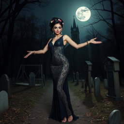 A beautiful and stunning 18-year-old girl with medium breasts and very wide, bulging hips stands in an old haunted wooded cemetery, welcoming you with her arms out to her side and a sardonic half smile on her face