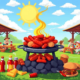 A vibrant and colorful pixel art barbecue scene featuring a grill overflowing with juicy sausages and burgers, surrounded by various condiments like ketchup, mustard, and barbecue sauce