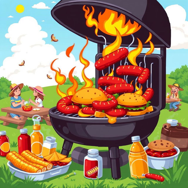A vibrant and colorful pixel art barbecue scene featuring a grill overflowing with juicy sausages and burgers, surrounded by various condiments like ketchup, mustard, and barbecue sauce