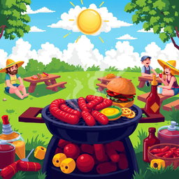 A vibrant and colorful pixel art barbecue scene featuring a grill overflowing with juicy sausages and burgers, surrounded by various condiments like ketchup, mustard, and barbecue sauce