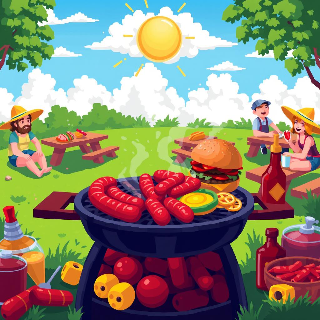 A vibrant and colorful pixel art barbecue scene featuring a grill overflowing with juicy sausages and burgers, surrounded by various condiments like ketchup, mustard, and barbecue sauce