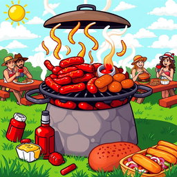 A vibrant and colorful pixel art barbecue scene featuring a grill overflowing with juicy sausages and burgers, surrounded by various condiments like ketchup, mustard, and barbecue sauce