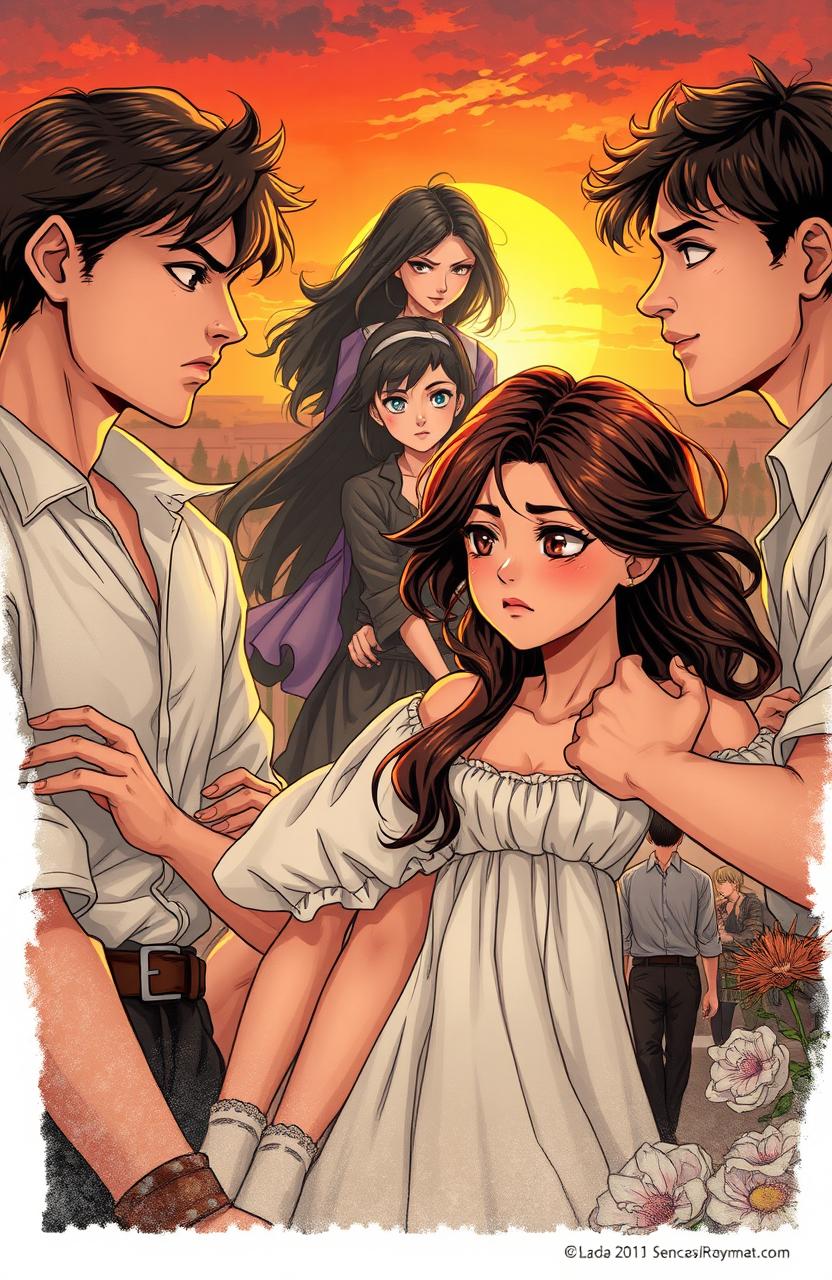 A dramatic illustration depicting the emotional turmoil of a beautiful girl caught between two rival brothers