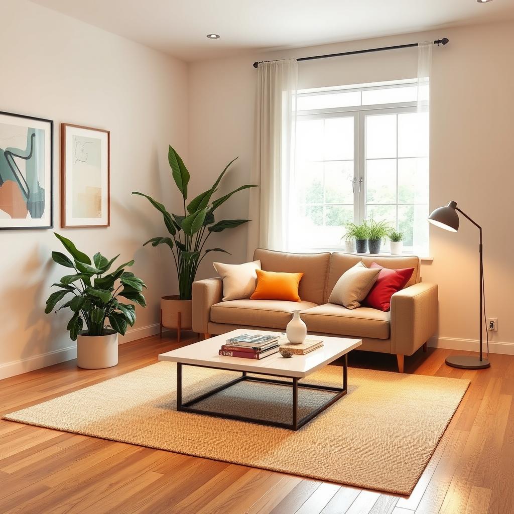 Transform a living space into a cozy and stylish environment, featuring a modern minimalist design with warm lighting