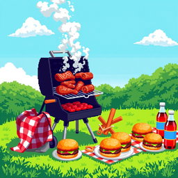 A vibrant pixel art scene featuring a barbecue grill loaded with various meats cooking, surrounded by a bright green lawn