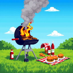 A vibrant pixel art scene featuring a barbecue grill loaded with various meats cooking, surrounded by a bright green lawn