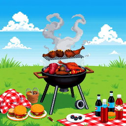 A vibrant pixel art scene featuring a barbecue grill loaded with various meats cooking, surrounded by a bright green lawn