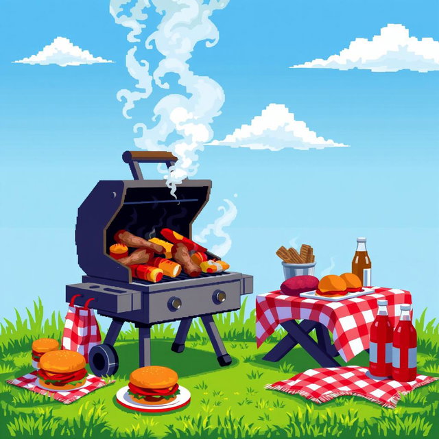 A vibrant pixel art scene featuring a barbecue grill loaded with various meats cooking, surrounded by a bright green lawn