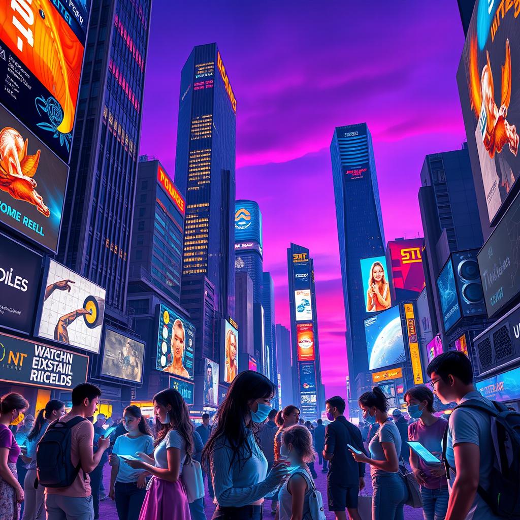 A futuristic scene showcasing a vibrant urban cityscape, illuminated by neon lights and digital billboards