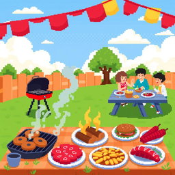 A vibrant and cheerful pixel art scene depicting a barbecue party