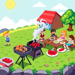A vibrant and cheerful pixel art scene depicting a barbecue party