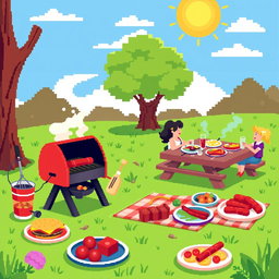 A vibrant and cheerful pixel art scene depicting a barbecue party