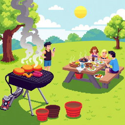 A vibrant and cheerful pixel art scene depicting a barbecue party