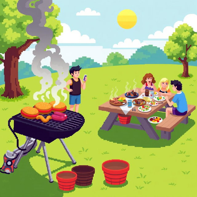 A vibrant and cheerful pixel art scene depicting a barbecue party