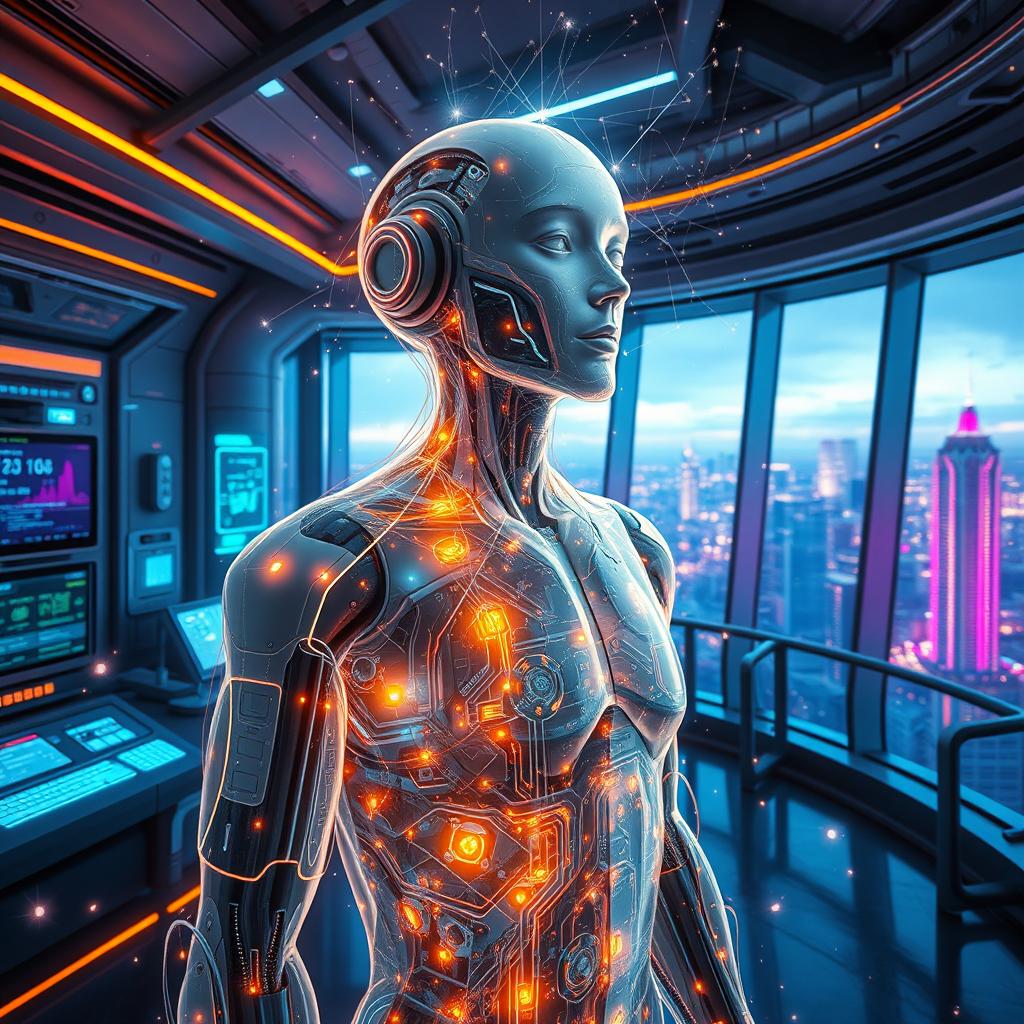 A futuristic scene depicting a humanoid AI transforming into a digital entity