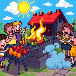 A vibrant and colorful pixel art scene depicting a barbecue setup