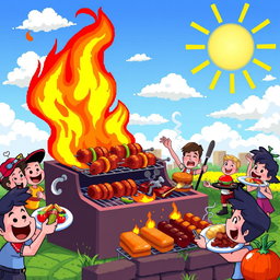 A vibrant and colorful pixel art scene depicting a barbecue setup