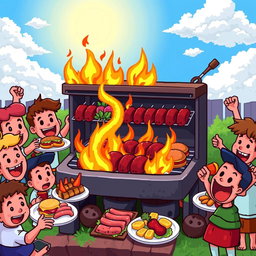 A vibrant and colorful pixel art scene depicting a barbecue setup
