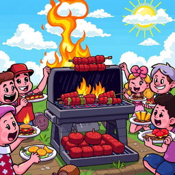 A vibrant and colorful pixel art scene depicting a barbecue setup