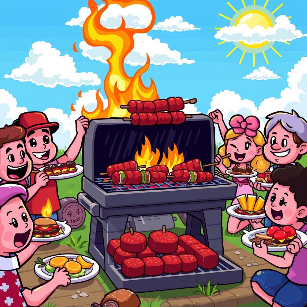 A vibrant and colorful pixel art scene depicting a barbecue setup