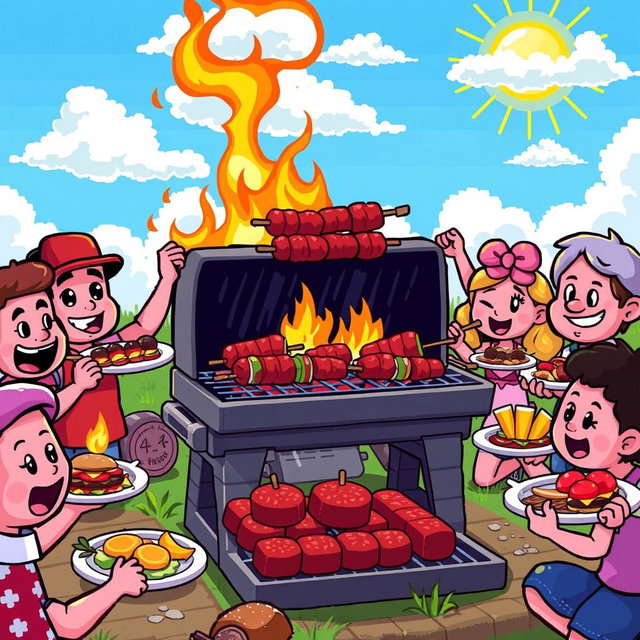 A vibrant and colorful pixel art scene depicting a barbecue setup