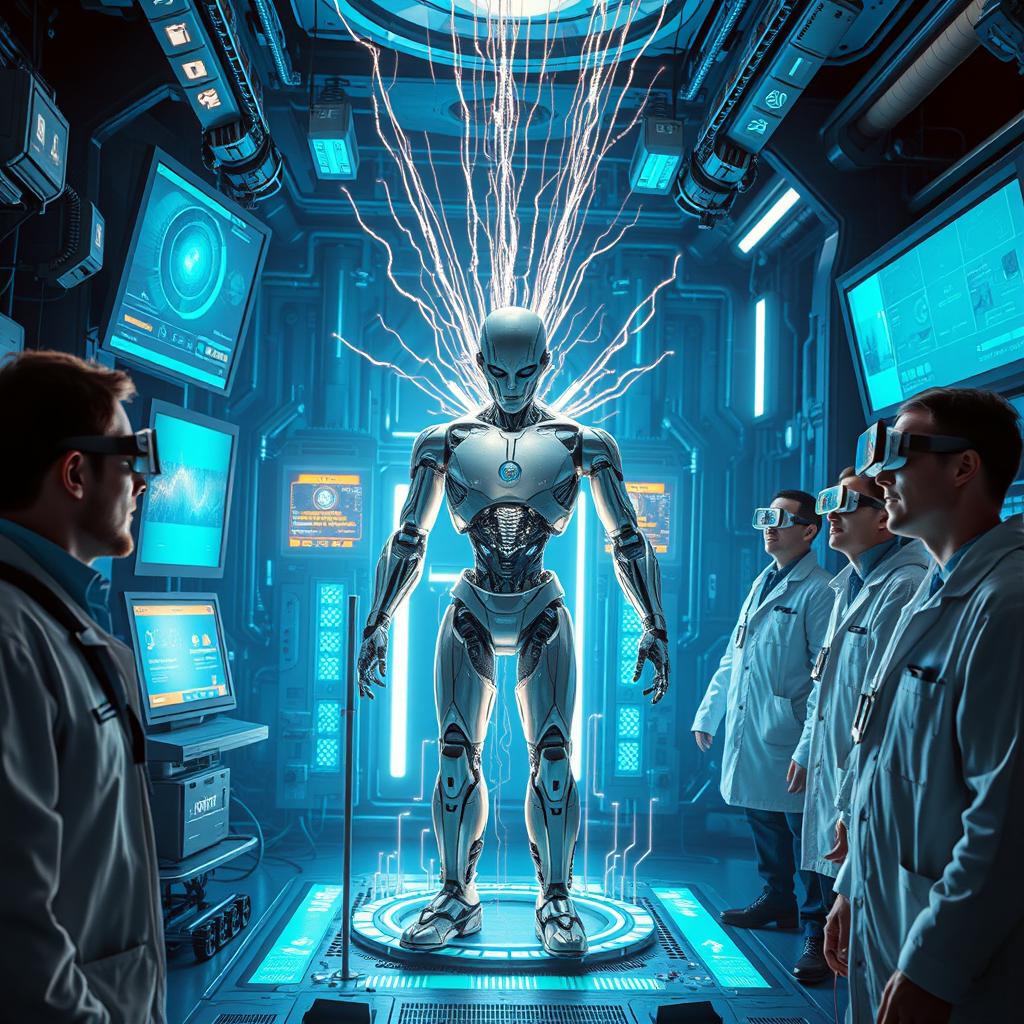 A futuristic scene depicting an artificial intelligence transformation in a high-tech laboratory