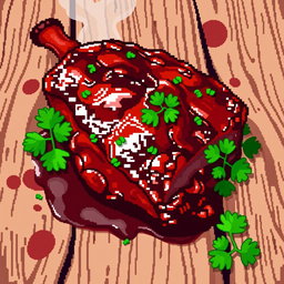 A detailed pixel art image of barbecue pork, featuring a succulent piece of meat with a shiny glaze, garnished with vibrant green parsley and set on a rustic wooden table