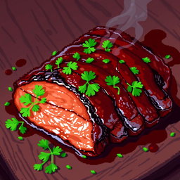 A detailed pixel art image of barbecue pork, featuring a succulent piece of meat with a shiny glaze, garnished with vibrant green parsley and set on a rustic wooden table