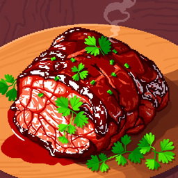 A detailed pixel art image of barbecue pork, featuring a succulent piece of meat with a shiny glaze, garnished with vibrant green parsley and set on a rustic wooden table