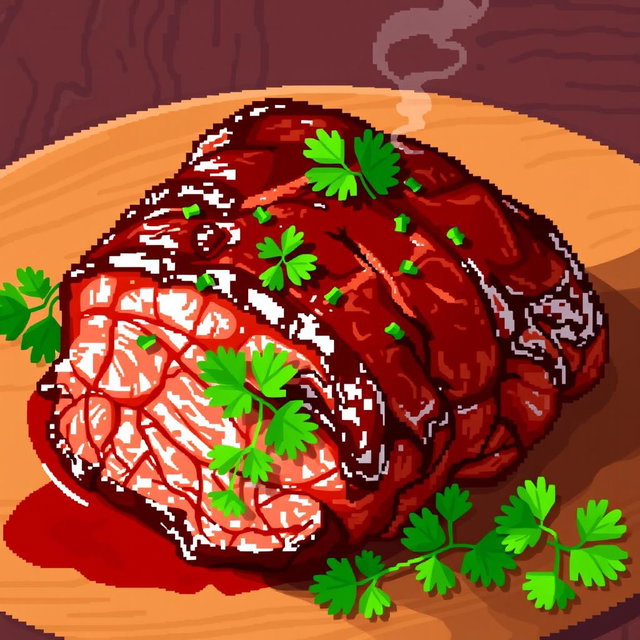 A detailed pixel art image of barbecue pork, featuring a succulent piece of meat with a shiny glaze, garnished with vibrant green parsley and set on a rustic wooden table