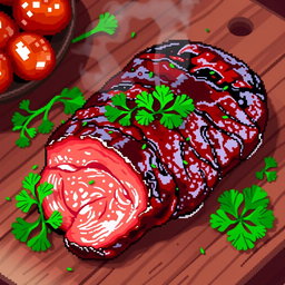 A detailed pixel art image of barbecue pork, featuring a succulent piece of meat with a shiny glaze, garnished with vibrant green parsley and set on a rustic wooden table
