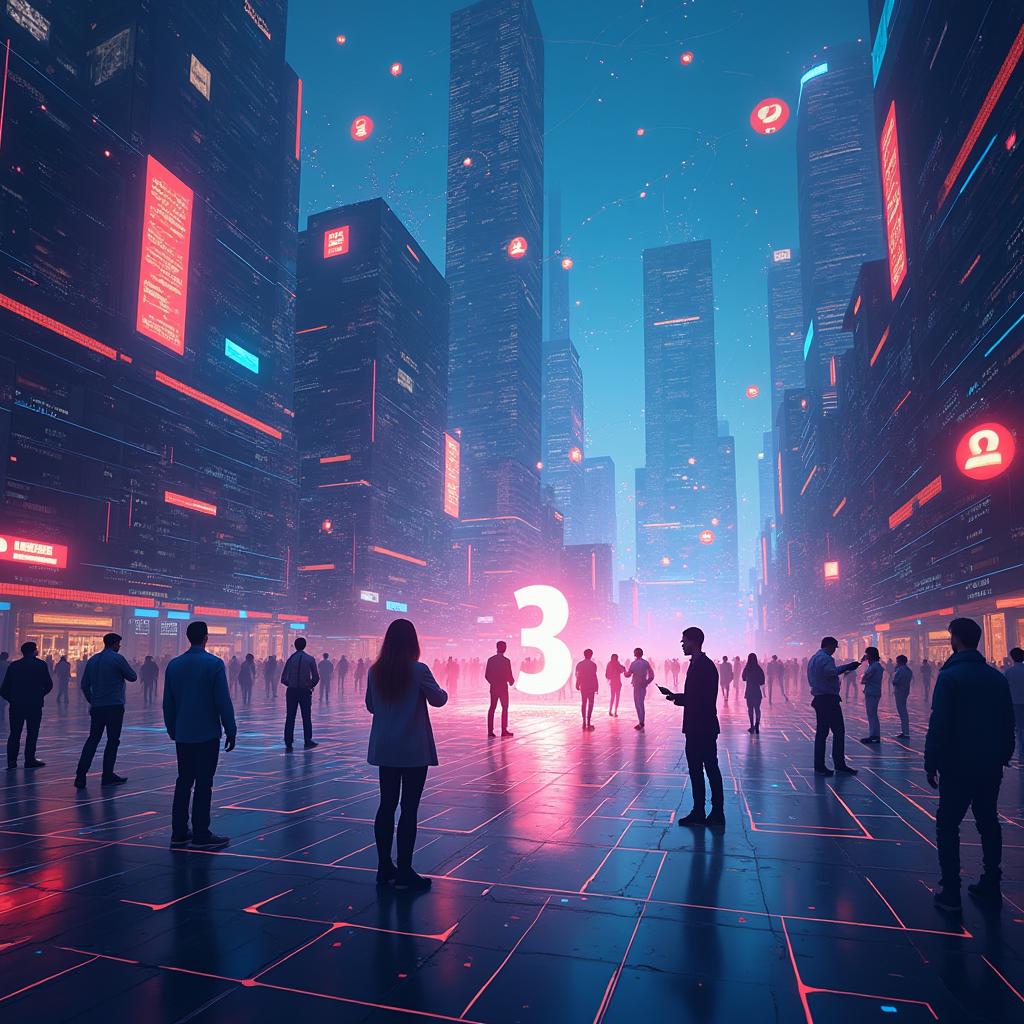 A visually stunning representation of the concept of Web3, illustrated as a futuristic cityscape with interconnected digital nodes, each glowing with vibrant colors