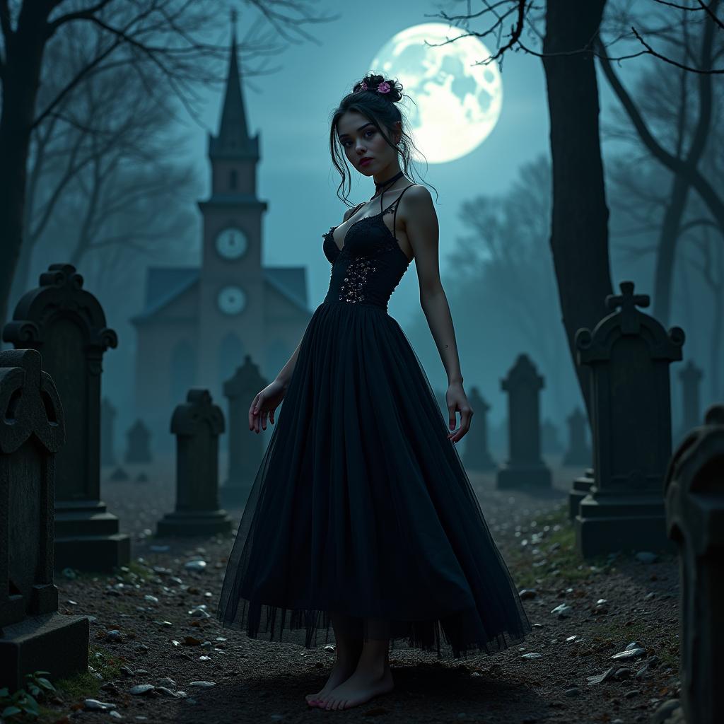 A beautiful and stunning 18-year-old girl with medium breasts and very wide, bulging hips stands in an old haunted wooded cemetery, welcoming you with her arms out to her side and a sardonic half smile on her face