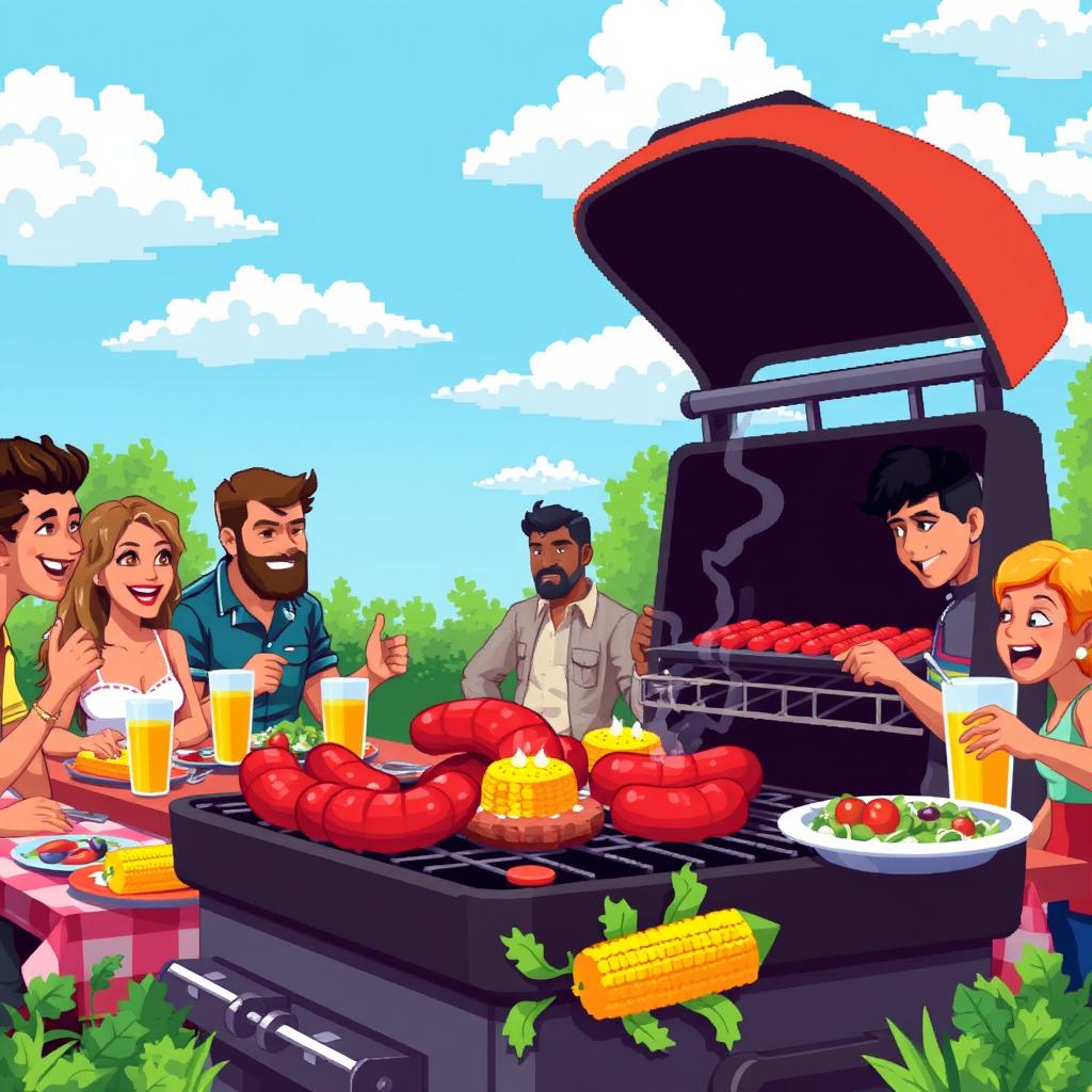 A vibrant pixel art scene capturing a lively barbecue party