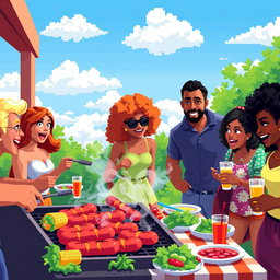 A vibrant pixel art scene capturing a lively barbecue party